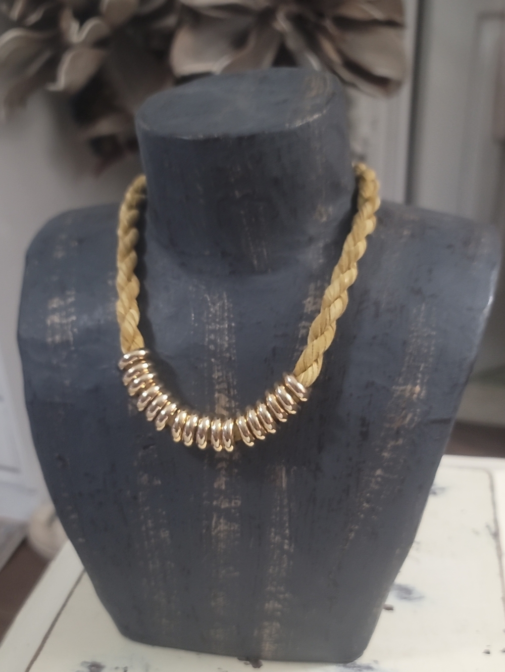 Braided Gold-Tone Cord Rope  Necklace with Polished Rings